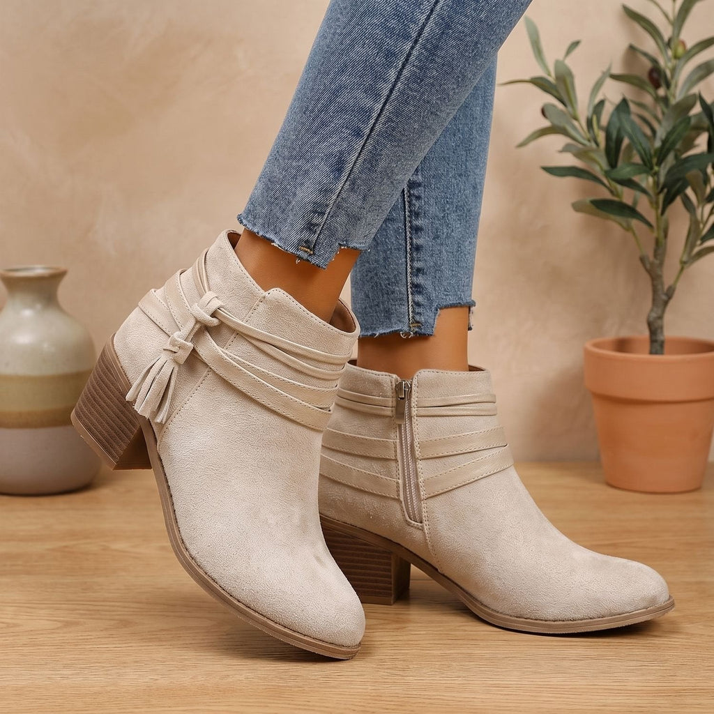 Charlotte | Women's Suede Tassel Block-Heel Ankle Boots Side Zip