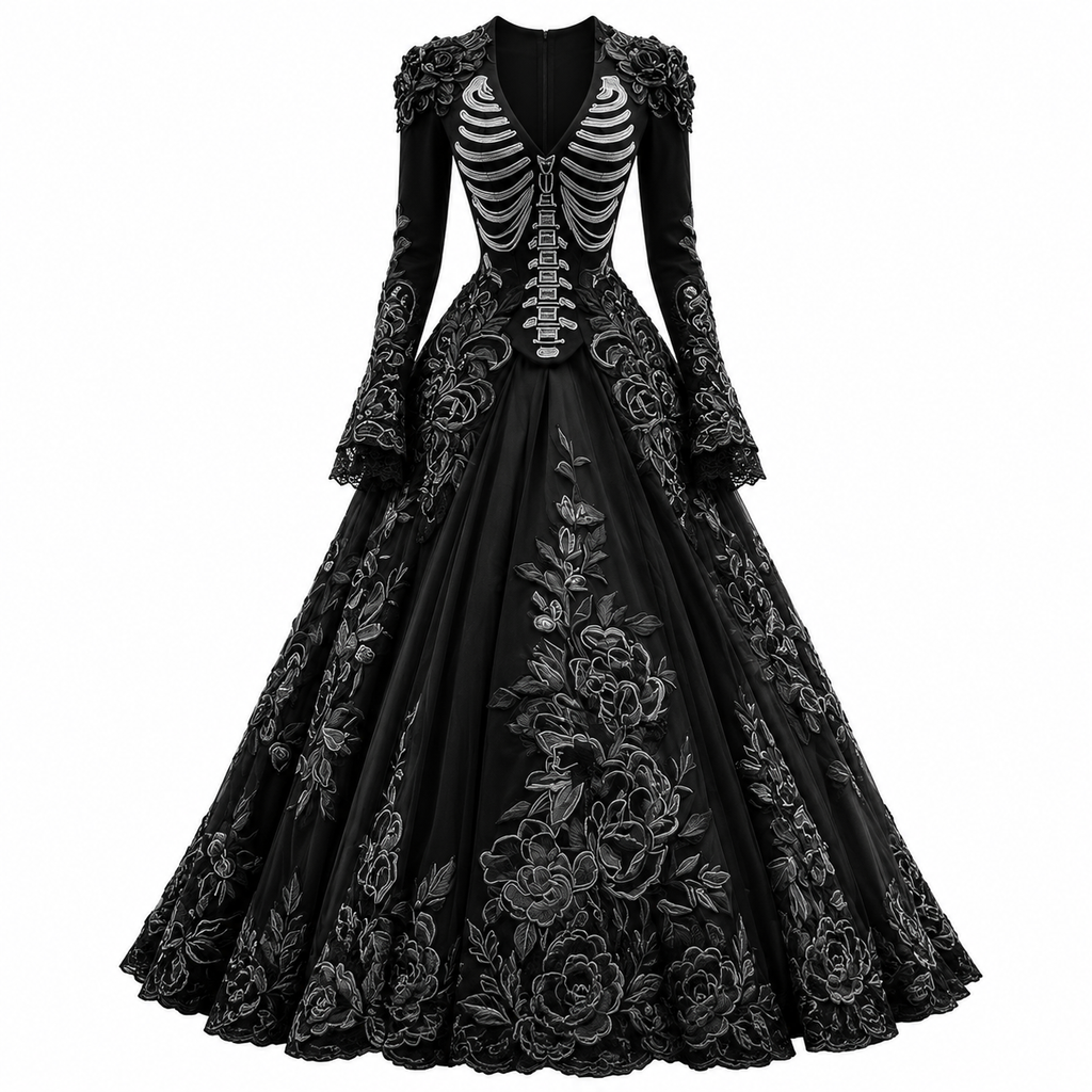 Morticia | Women’s V-Neck Long-Sleeve Skeleton Embroidered Gothic Halloween Gown