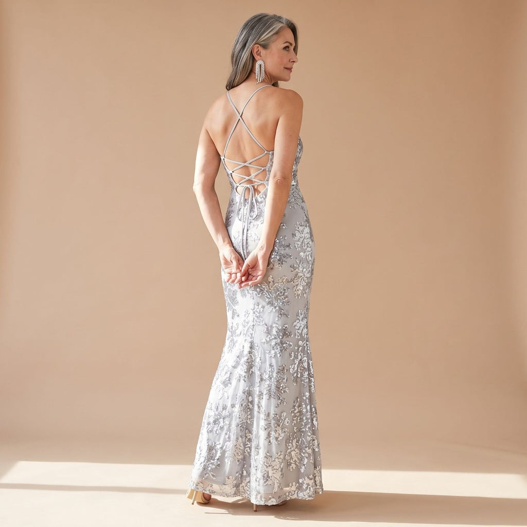 Harper | Women's V-Neck Open-Back Sequin Maxi Dress, Navy Blue