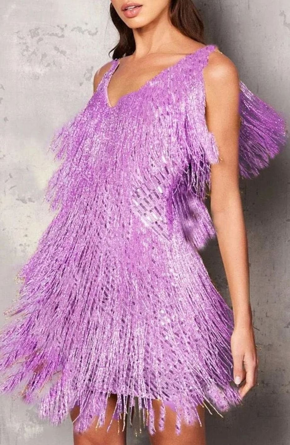 Women's V-Neck Sequin Fringe Tiered Cocktail Dress