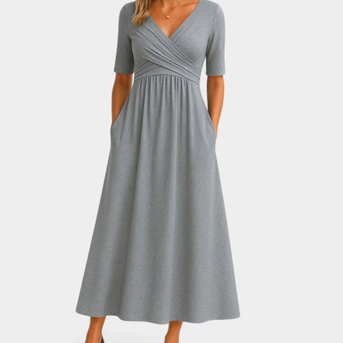 Women's V-Neck Wrap-Front A-Line Midi Summer Dress Pockets