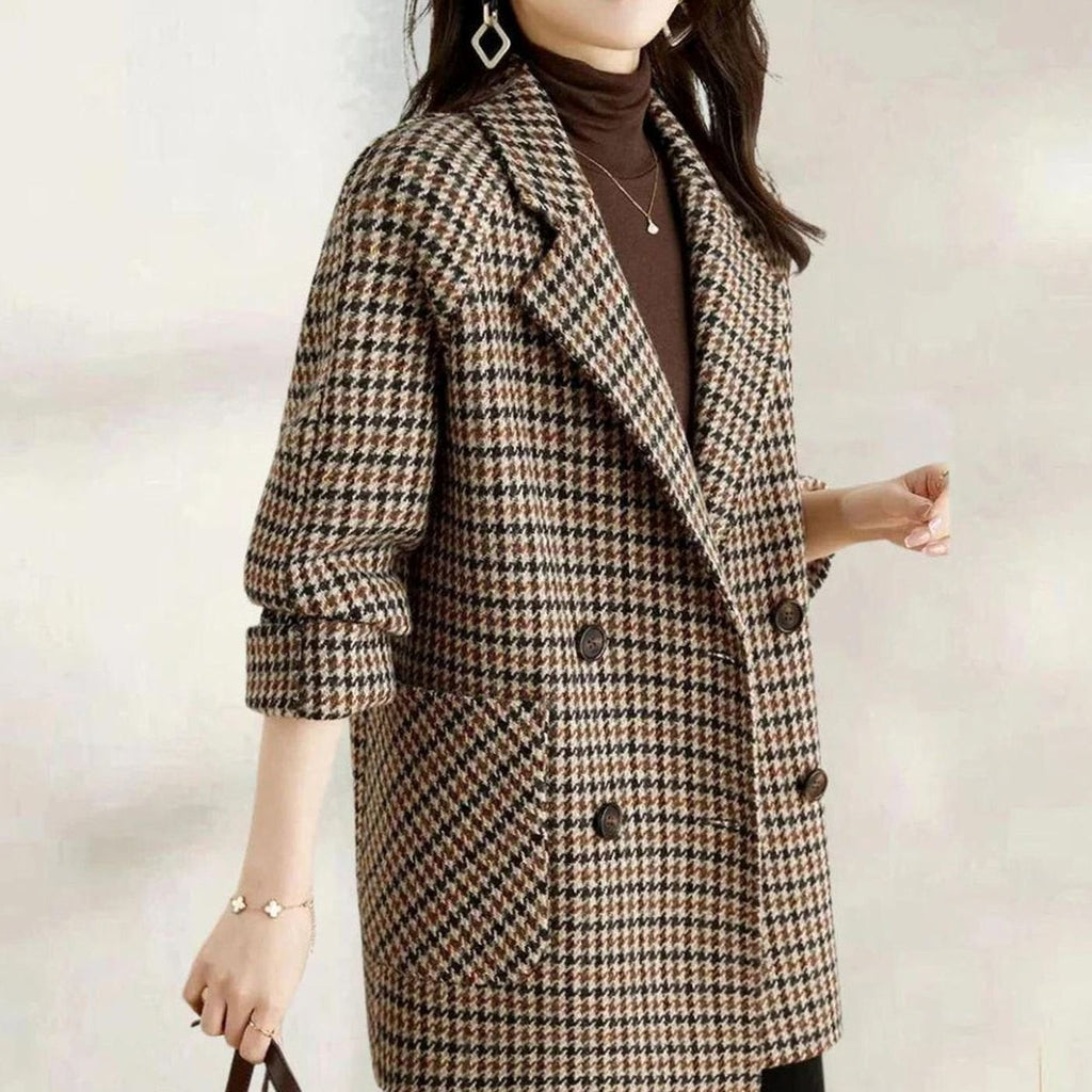Scarlett | Women's Vintage Houndstooth Double-Breasted Wool-Blend Blazer Coat