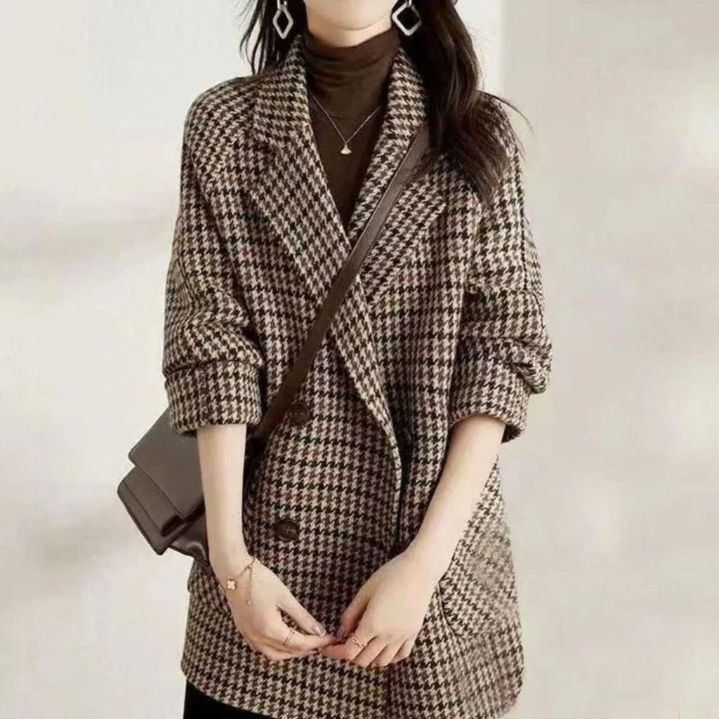 Scarlett | Women's Vintage Houndstooth Double-Breasted Wool-Blend Blazer Coat