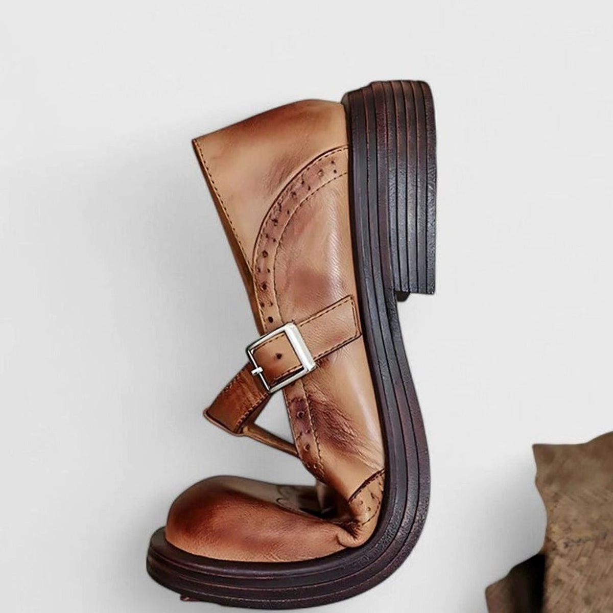 Women's Vintage Leather Brogue T-Strap Shoes Buckle Closure