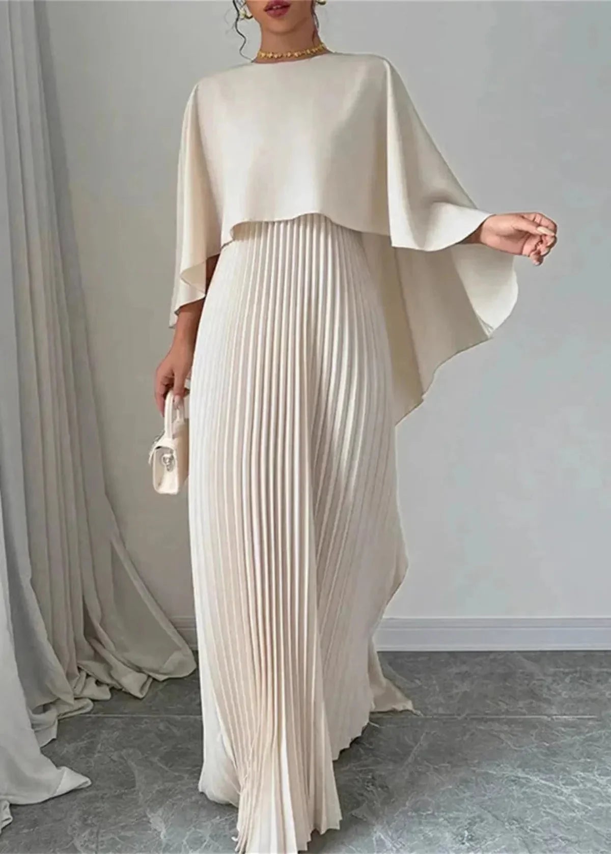 Women’s wedding guest pleated cape maxi dress