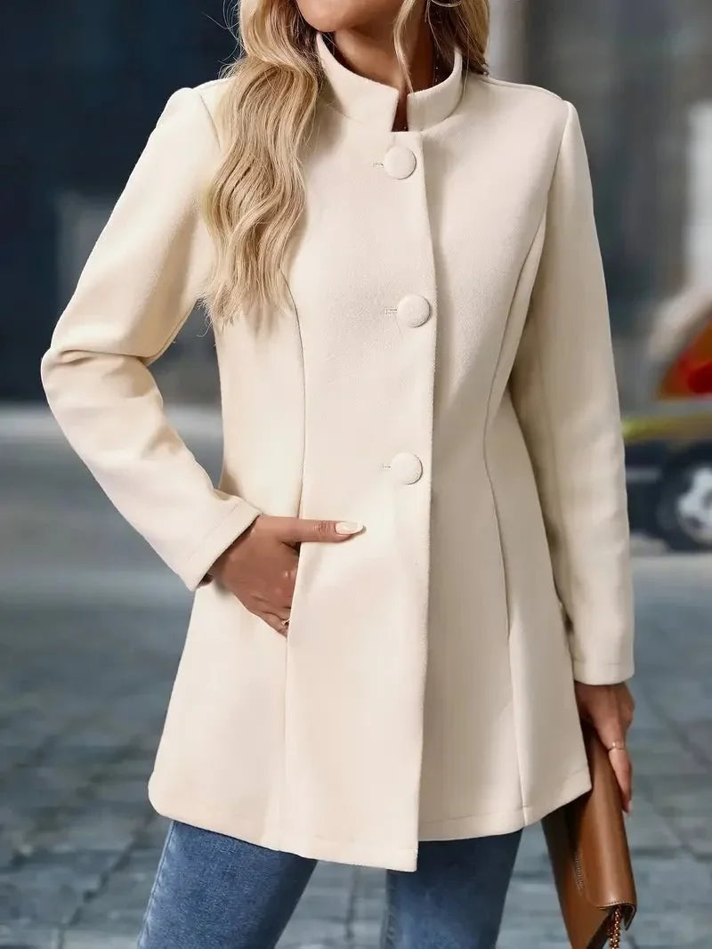 Women's wool blend coat stand collar button front mid-length
