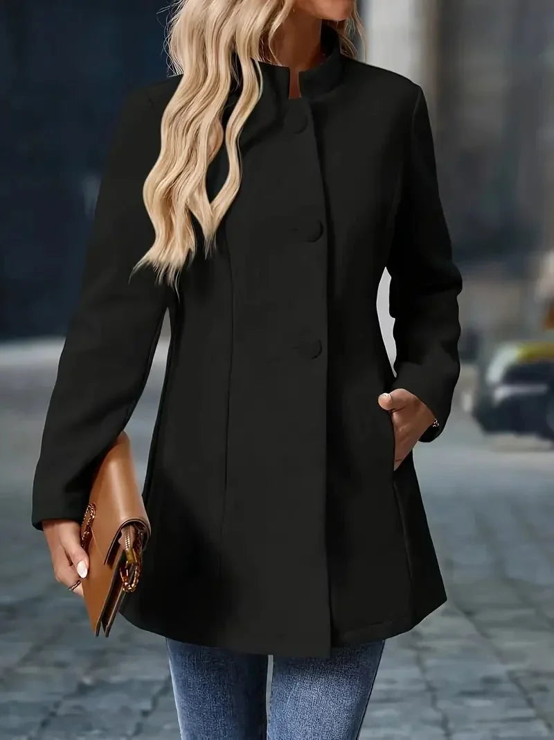 Women's wool blend coat stand collar button front mid-length