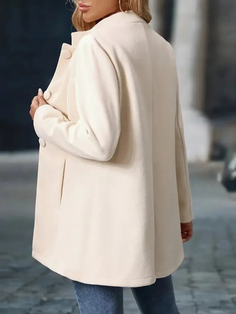 Women's wool blend coat stand collar button front mid-length