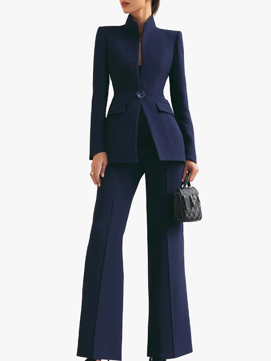 Women's Stand Collar Blazer and Wide-Leg Pants Two-Piece Set