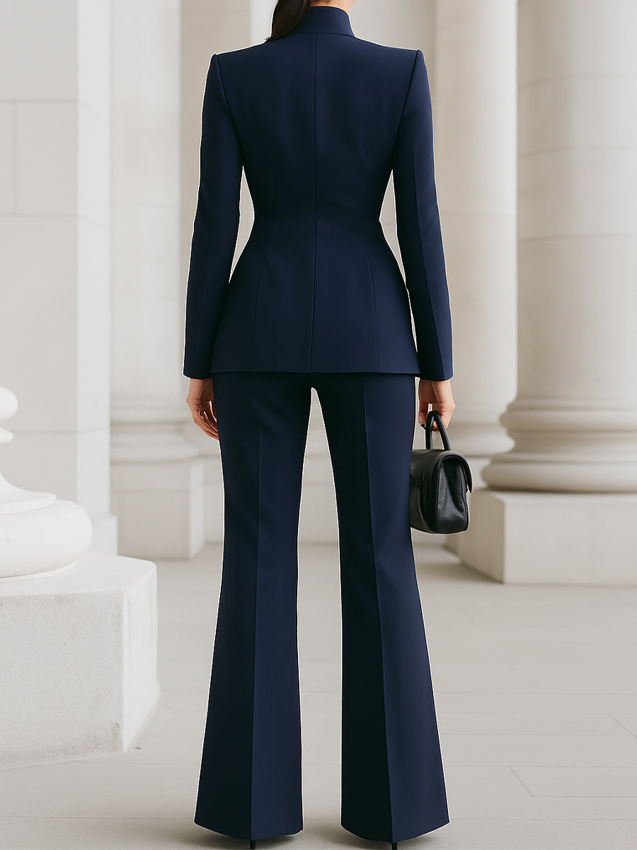 Women's Stand Collar Blazer and Wide-Leg Pants Two-Piece Set