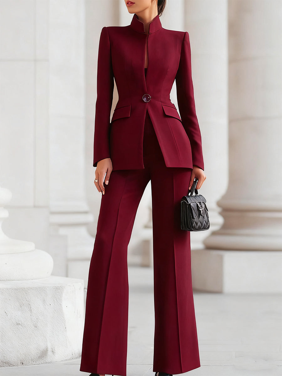 Women's Stand Collar Blazer and Wide-Leg Pants Two-Piece Set