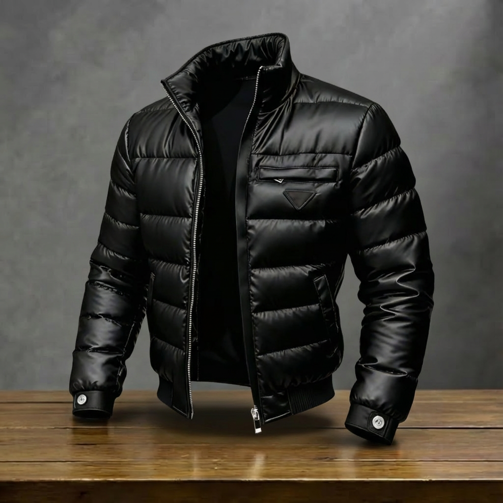 Men's Black Quilted Puffer Jacket, Stand Collar, Zip Front