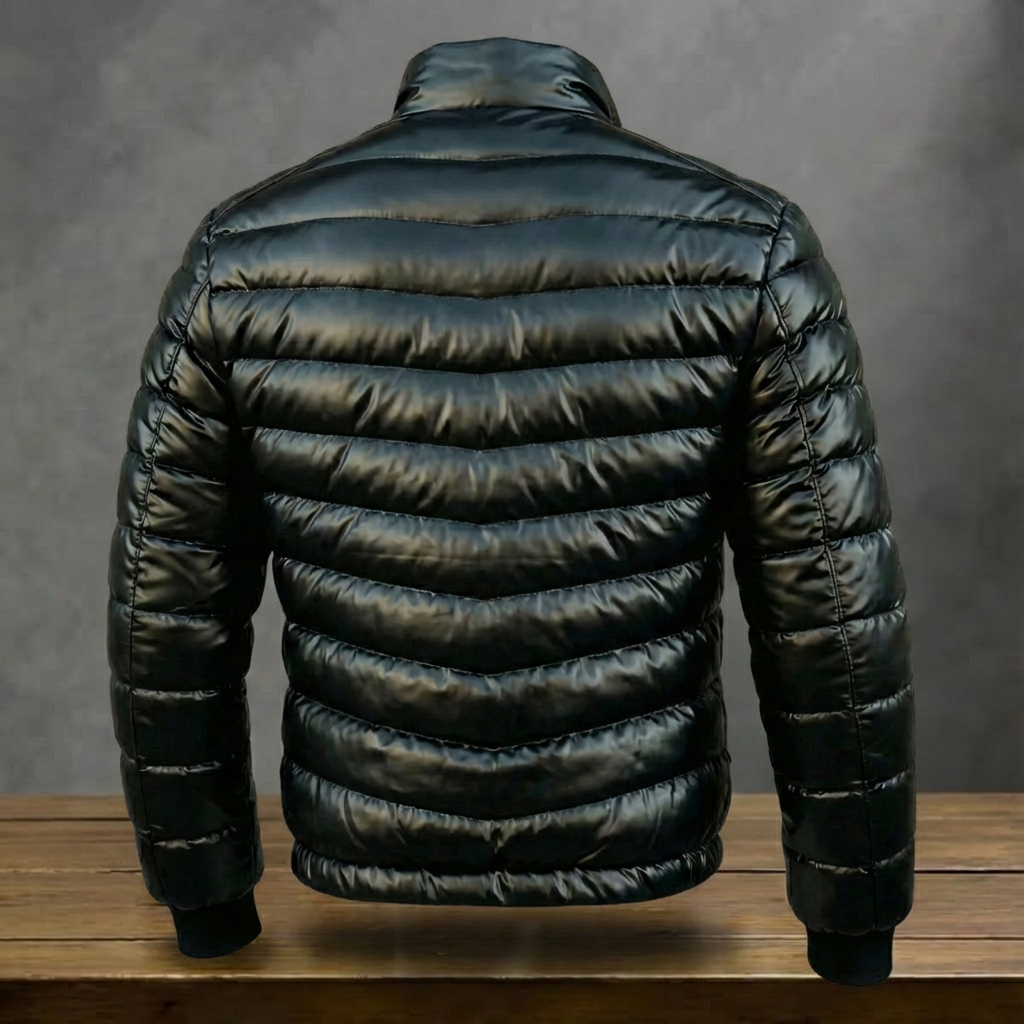 Men's Black Quilted Puffer Jacket, Stand Collar, Zip Front