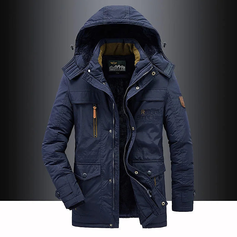 Men's Hooded Mid-Length Parka, Zip Front, Multiple Pockets
