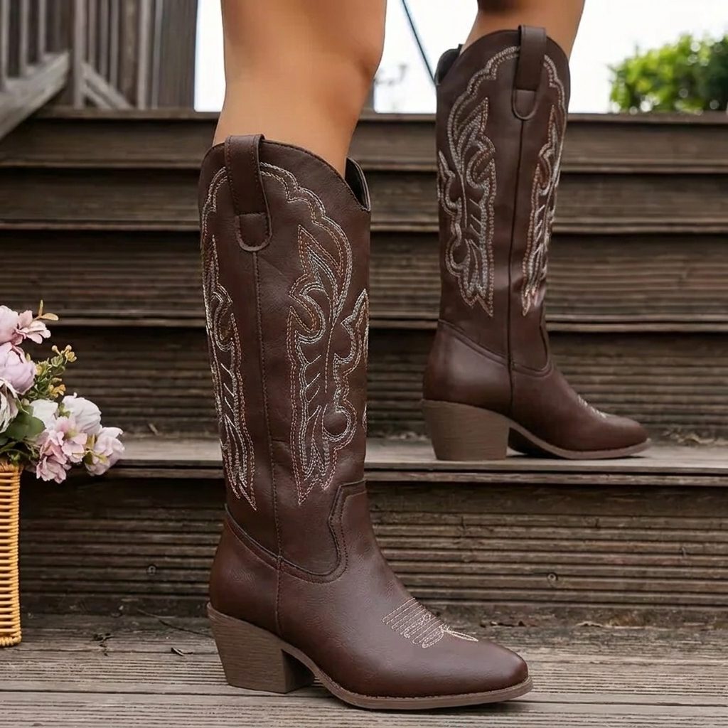 Yael | Block Heel Knee High Cowgirl Boots with Pointed Toe for Women