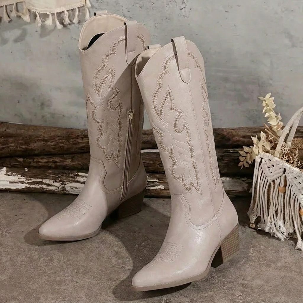 Yael | Block Heel Knee High Cowgirl Boots with Pointed Toe for Women