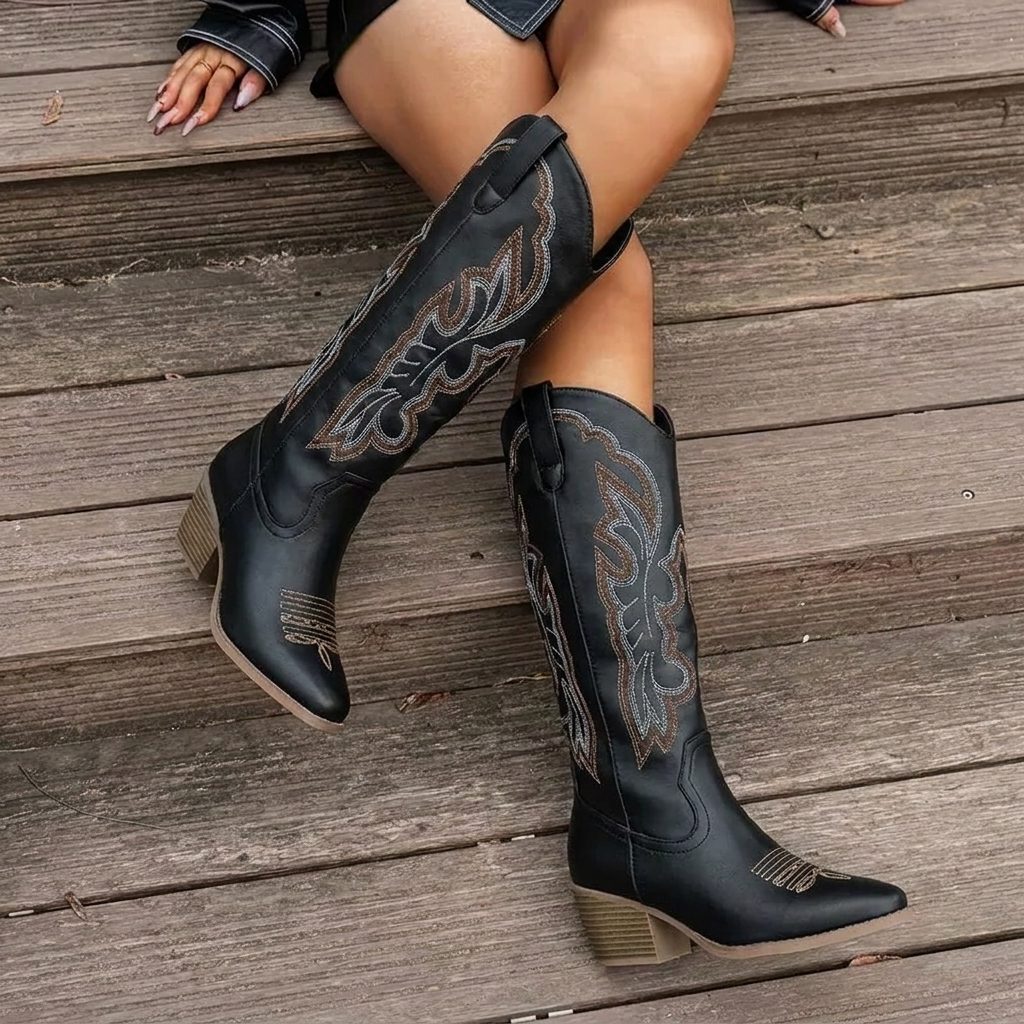 Yael | Block Heel Knee High Cowgirl Boots with Pointed Toe for Women