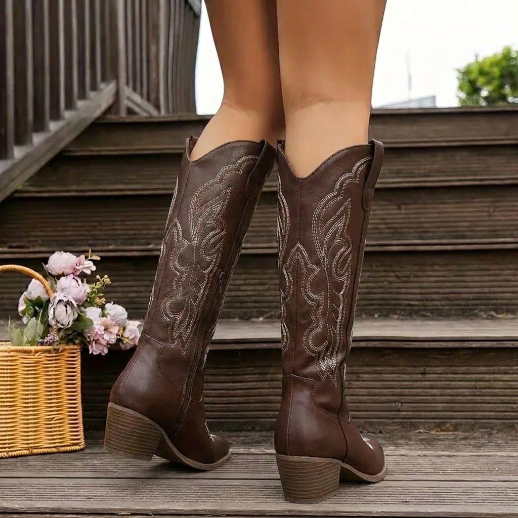 Yael | Block Heel Knee High Cowgirl Boots with Pointed Toe for Women