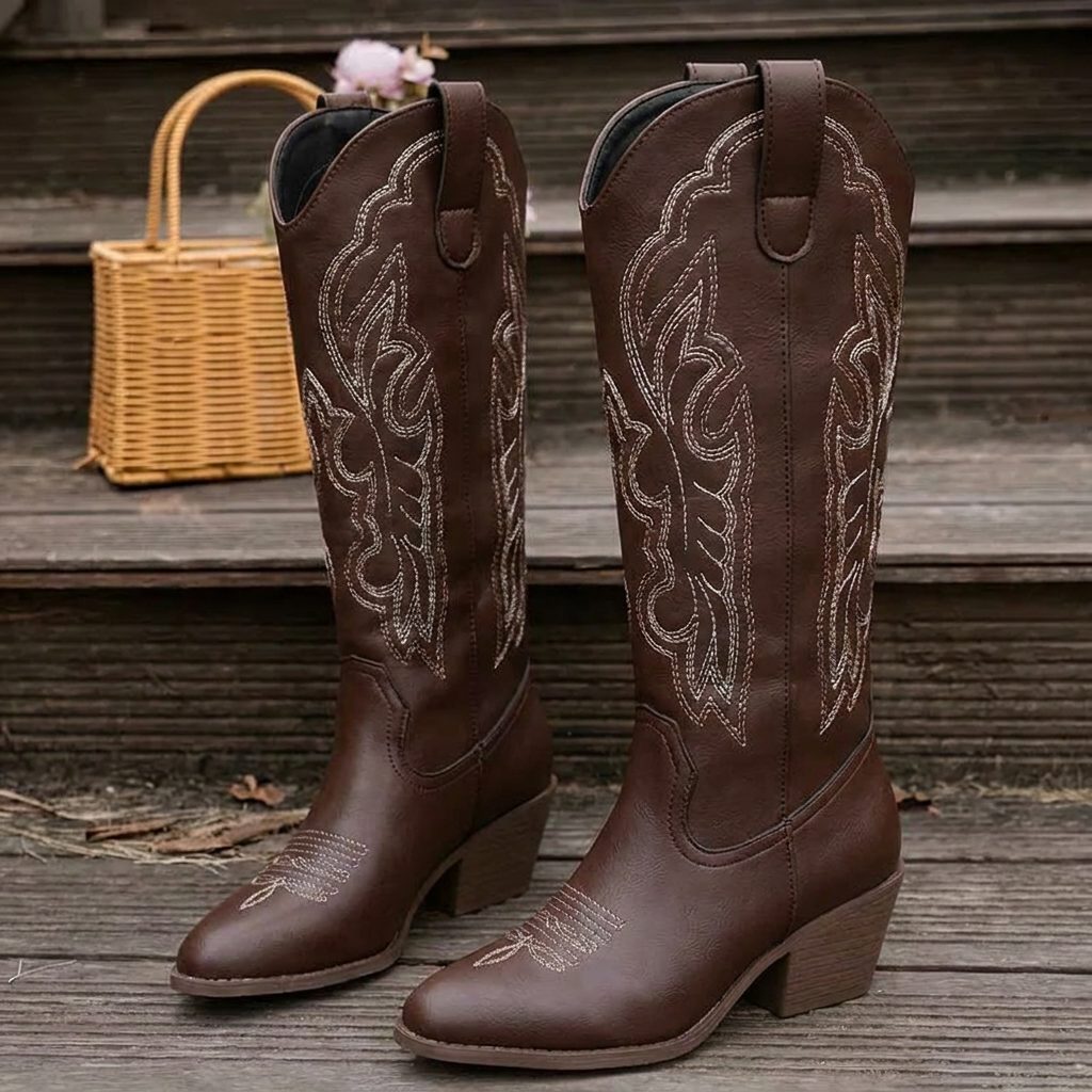 Yael | Block Heel Knee High Cowgirl Boots with Pointed Toe for Women