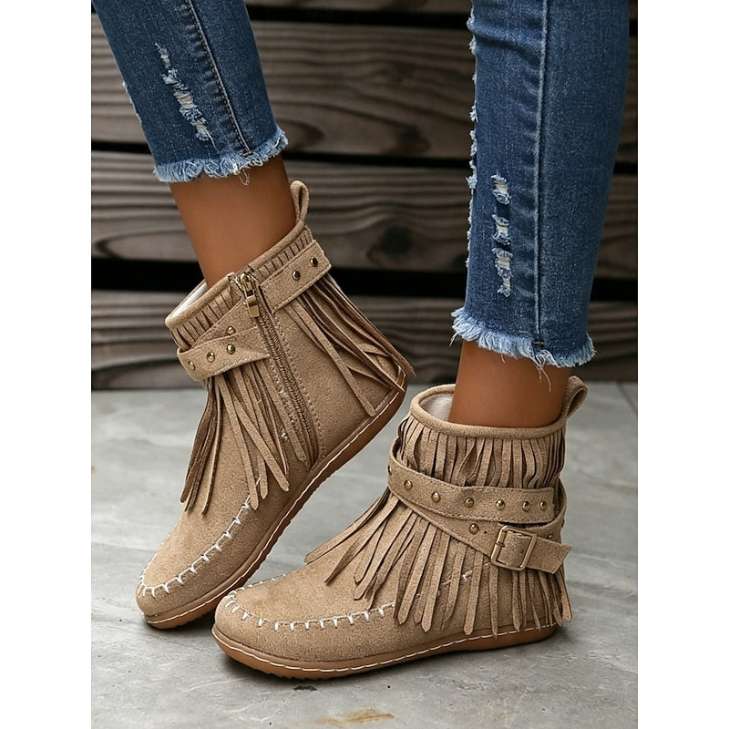 Women's Fringe Ankle Boots with Buckle Strap Zip