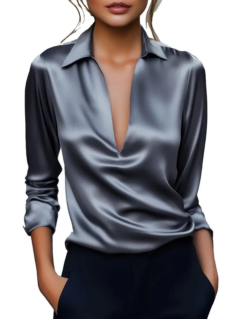 Yuna | Satin Blouse with V-Neck and Long Sleeves for Women