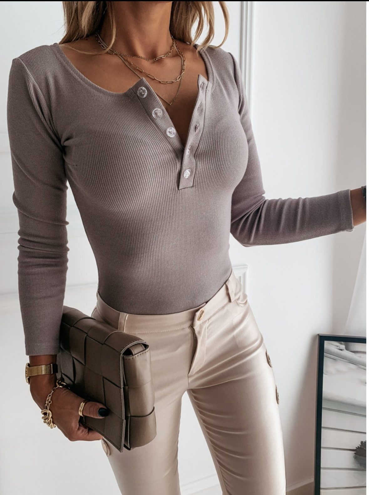 Zephyrine | Ribbed Knit Top with Long Sleeves and Henley for Women