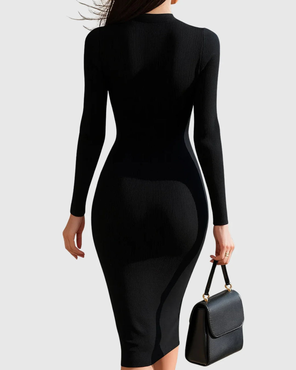 Women's ribbed zip-up stand collar midi dress with front flap pockets