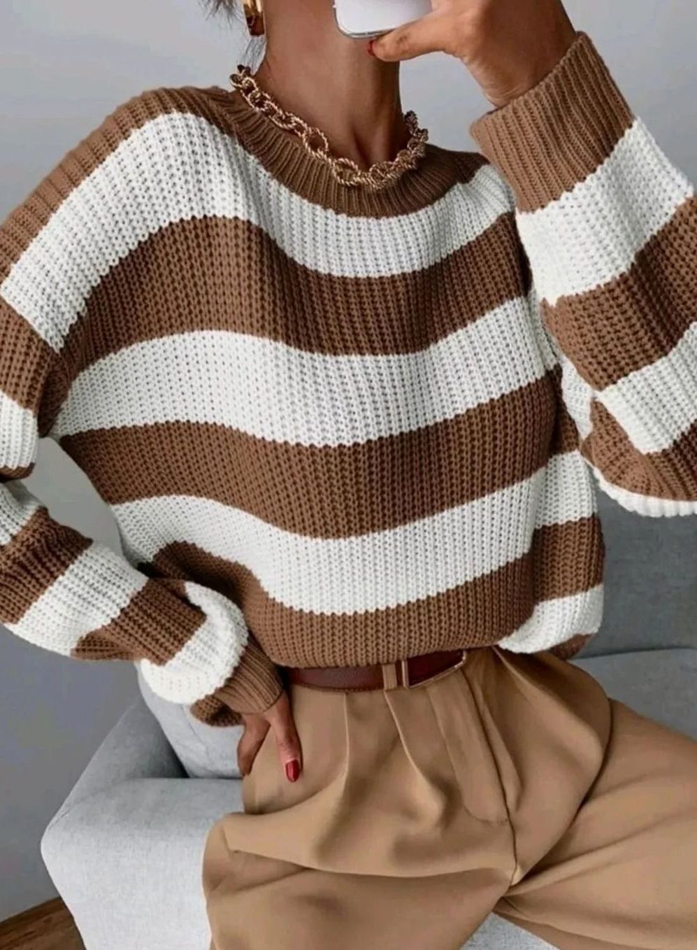 Zoya | Striped Chunky Knit Sweater with Crew Neck for Women
