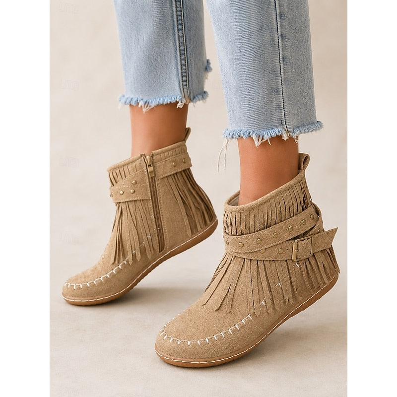 Women's Fringe Ankle Boots with Buckle Strap Zip